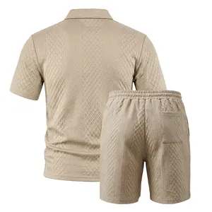 Back view of heavy jacquard polo shirt and shorts set for men with geometric texture