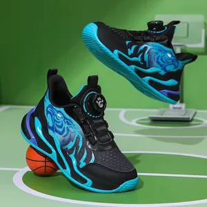 Boys' athletic basketball sneakers with tiger print and convenient rotary buckle closure.