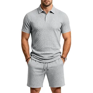 Men's heavyweight grey jacquard textured short sleeve polo shirt and shorts set