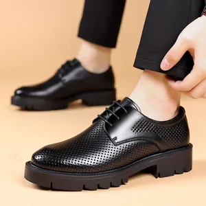 Breathable black leather men's height increasing shoes with thick platform sole design