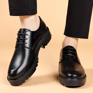 Men's black height-increasing leather shoes with breathable hollow design and thick sole