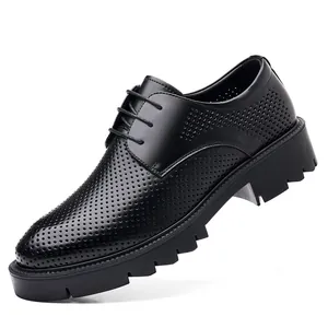 Men's breathable black perforated elevated leather dress shoes with thick lug sole