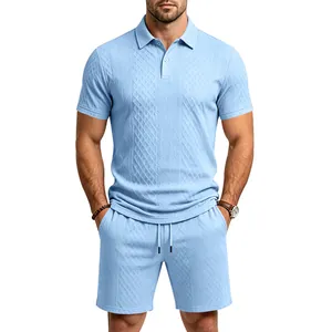 Detailed view of heavy jacquard knit polo shirt and shorts set for men in light blue