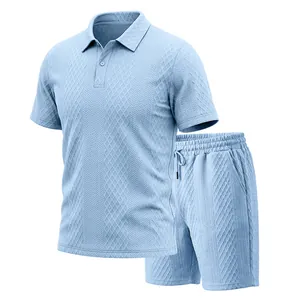 Detailed view of men's light blue jacquard polo shirt and matching shorts set