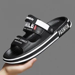 Black and white men's outdoor casual slide sandals with 'FASHION' text