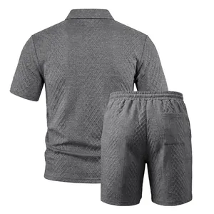 Detailed back view of men's grey heavy jacquard polo shirt and shorts matching set