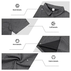 Comprehensive details of dark grey jacquard men's polo shirt neck, cuff, and fabric.