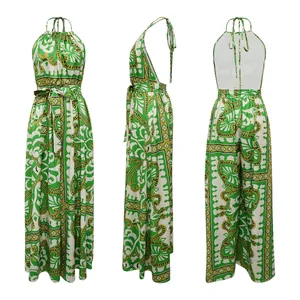 Grüner Neckholder-Jumpsuit rückenfrei weites Bein mit Paisley-Print 3-Seiten-Ansichten