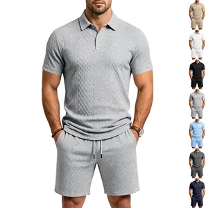 Men Summer Heavyweight Jacquard Polo Shirt And Shorts Set Casual Short Sleeve Top And Bottom Loose Commuter Suit