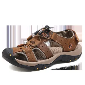 Men's premium brown leather outdoor sandals with closed-toe impact protection and lugged sole