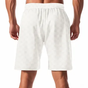 Detailed back view of men's white checkerboard jacquard pattern summer loose casual shorts