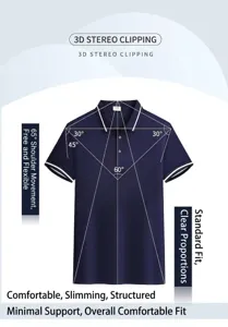 Detailed view of navy quick-dry polo shirt showing 3D stereoscopic clipping and fit angles.