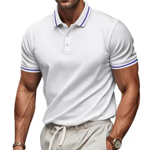 Close-up of white quick-dry polo shirt featuring blue striped collar and cuff details