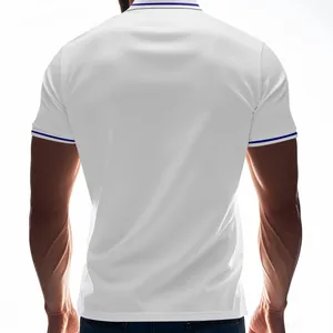 Detailed back view of a high-performance quick-dry white polo shirt with blue trim accents