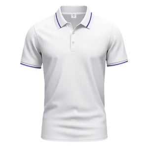 Detailed view of a white quick-dry polo shirt with blue tipping on collar and cuffs