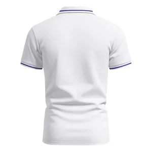 Back view of a white quick-dry Polo shirt with blue striped collar and cuffs
