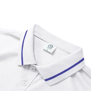 Close-up of white polo shirt collar with purple stripe detail and size label