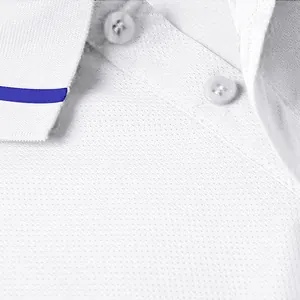 Close-up of white quick-dry Polo shirt with breathable mesh fabric and blue collar stripe.