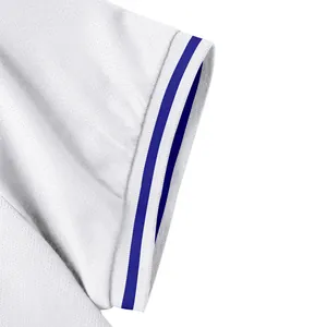 Detailed view of the white quick-dry Polo shirt sleeve cuff featuring two navy blue stripes