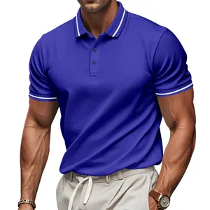Detail view of royal blue quick-dry polo shirt featuring white striped collar and cuffs.