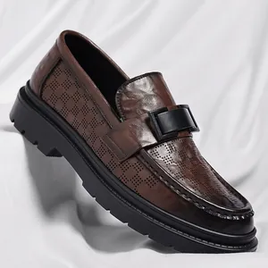 Men Summer Hollow Breathable Regenerated Leather Loafers Vintage Business Casual Slip-on Shoes With Rubber Lug Sole Brown Black
