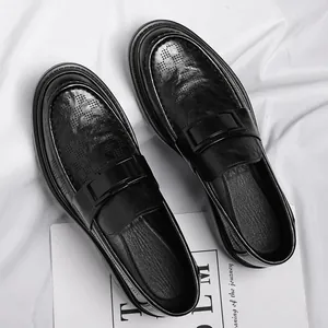 Black breathable hollow leather loafers for men with stylish buckle detail