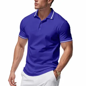 Close-up of blue quick-dry polo shirt with white stripe details on collar and cuffs.