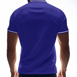Back view detail of a premium royal blue quick-dry Polo shirt with white collar stripes