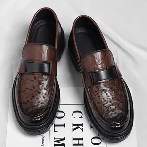 Classic men's brown breathable leather loafers with perforated design and buckle detail