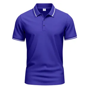 Detailed view of a purple quick-dry polo shirt featuring white striped collar and cuffs