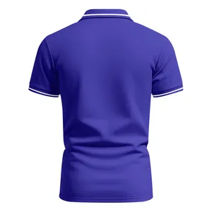 Back view of a blue quick-dry polo shirt with white striped collar and sleeve details.