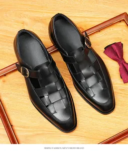 Top view of premium black men's woven leather sandals with adjustable buckle strap
