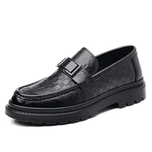 Classic black leather men's perforated breathable loafers with thick rubber lug sole