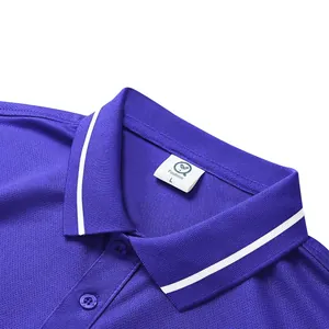 Detail of blue quick-dry Polo shirt collar with white stripes and size L tag