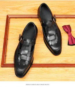 Detail view of men's black woven leather monk strap sandals in a classic British style