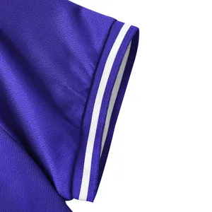 Close-up of purple quick-dry Polo shirt sleeve featuring white striped ribbed cuffs