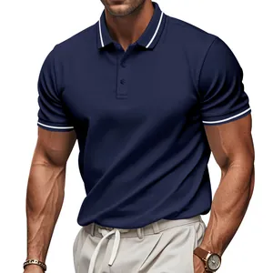 Close-up of navy blue quick-dry polo shirt with white tipped collar and cuffs.