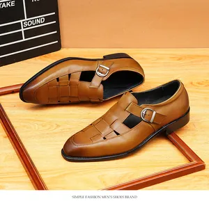 Close-up of brown leather woven sandals for men showing intricate design and silver buckle
