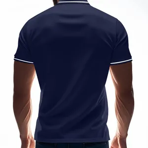 Back view of navy blue quick-dry polo shirt with white stripes on collar and sleeve cuffs