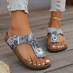 Damen Bohemian Zehentrenner Sandalen Bedruckt Verstellbare Schnalle Kork Zwischensohle Strand Schuhe Lässige Sommer Slipper