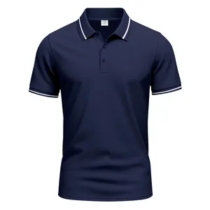 A classic navy blue short-sleeved polo shirt featuring white striped details on collar and cuffs