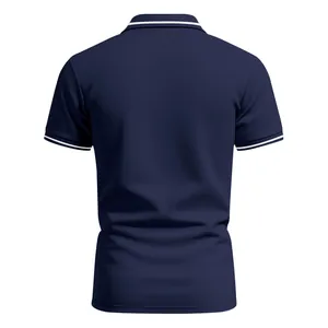 Back view of navy blue quick-dry polo shirt with white tipping on collar and sleeves