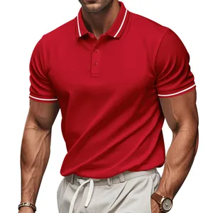Close-up of a red quick-drying polo shirt with white trim on a muscular model.