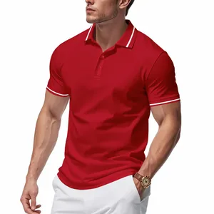 Detail view of a men's red quick-dry polo shirt with white trim on collar and sleeves.