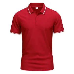 Detailed front view of red quick-dry polo shirt with white striped collar and cuffs.