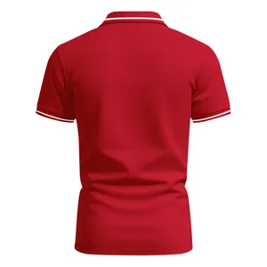 Professional back view of a red quick-dry Polo shirt with white striped collar and cuffs