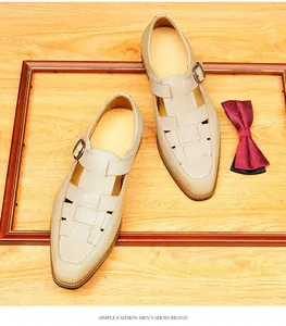 Top-down view of men's cream woven leather Roman sandals with bowtie and frame props