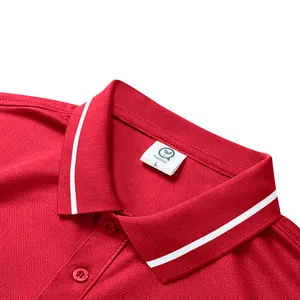 Close-up macro view of a red quick-dry polo shirt collar featuring a white stripe