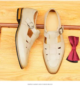 Detail of men's woven leather sandals with hollow-out design and buckle strap