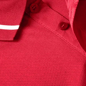 Close-up of red quick-dry polo shirt collar with buttons and breathable mesh fabric.